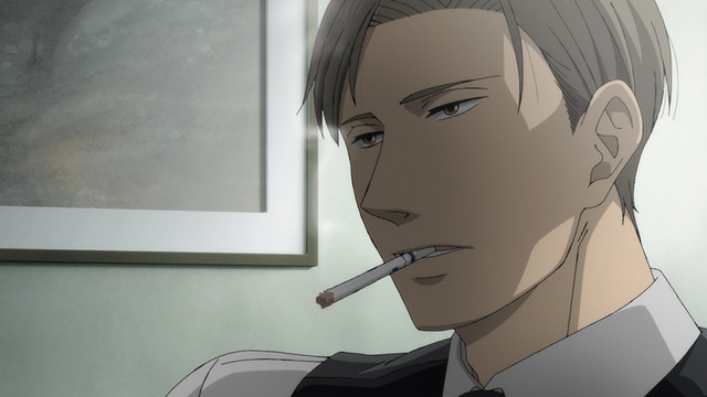 Yashiro, a dissolute and masochistic Yakuza boss, smokes a cigarette in a scene from the upcoming Saezuru Tori wa Habatakanai The clouds gather anime theatrical film.