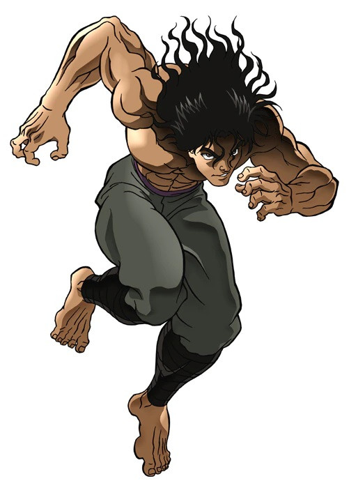 A character visual of Shunsei Kaku, a shirtless martial artist with long, wild, unkempt hair, from the upcoming Baki anime.