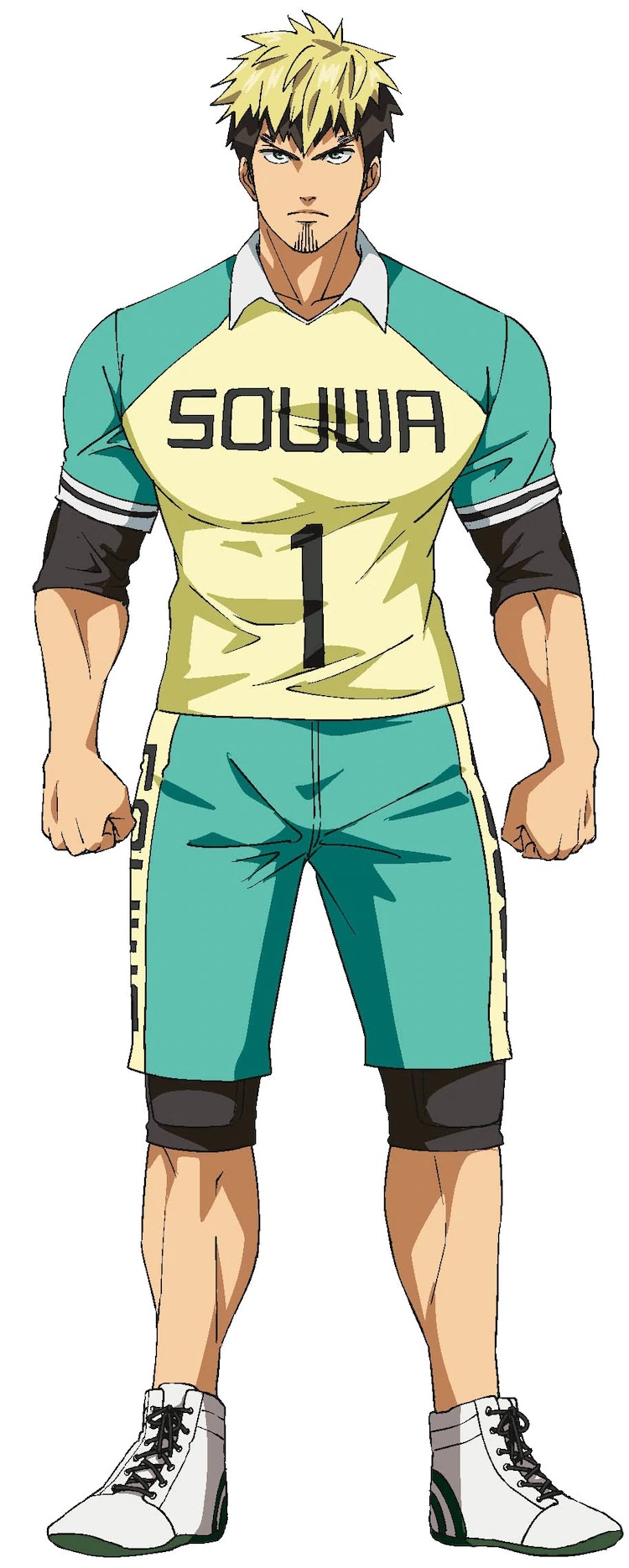 A character setting of Ayumu Rokugen, a member of the Souwa High School kabaddi club who sports a fierce expression, dyed blonde hair, and a goatee from the upcoming Burning Kabaddi TV anime.