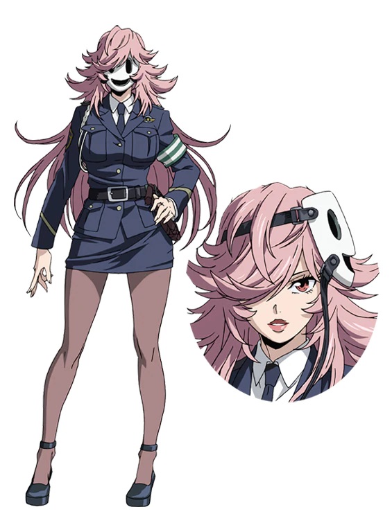 A character setting of Yayoi Kusakabe, a woman with unkempt, hip-length pink hair dressed in a police officer's uniform and a mask, from the upcoming High-Rise Invasion Netflix Original Anime.