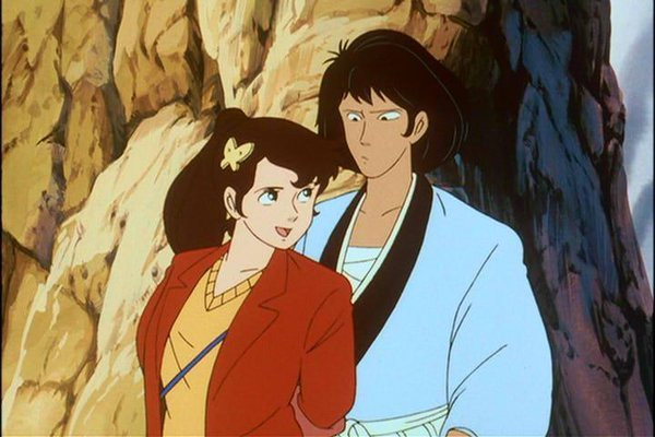 A screen capture of Ishikawa Goemon XIII and his betrothed, Murasaki Suminawa, from Lupin the Third: The Fuma Conspiracy.