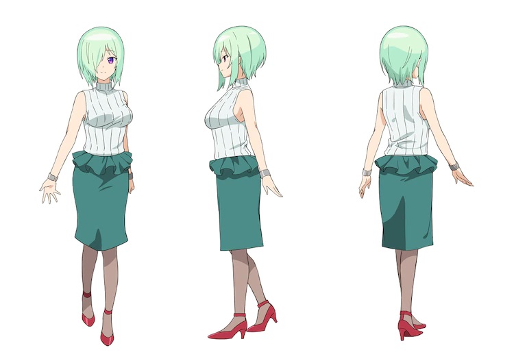 A character setting of Druj from the upcoming The Great Jahy Will Not Be Defeated! TV anime. Druj is a professional-looking woman with pale green hair covering the right side of her face and purple eyes. She wears a white blouse, a teal skirt, stockings, and red high heeled shoes.