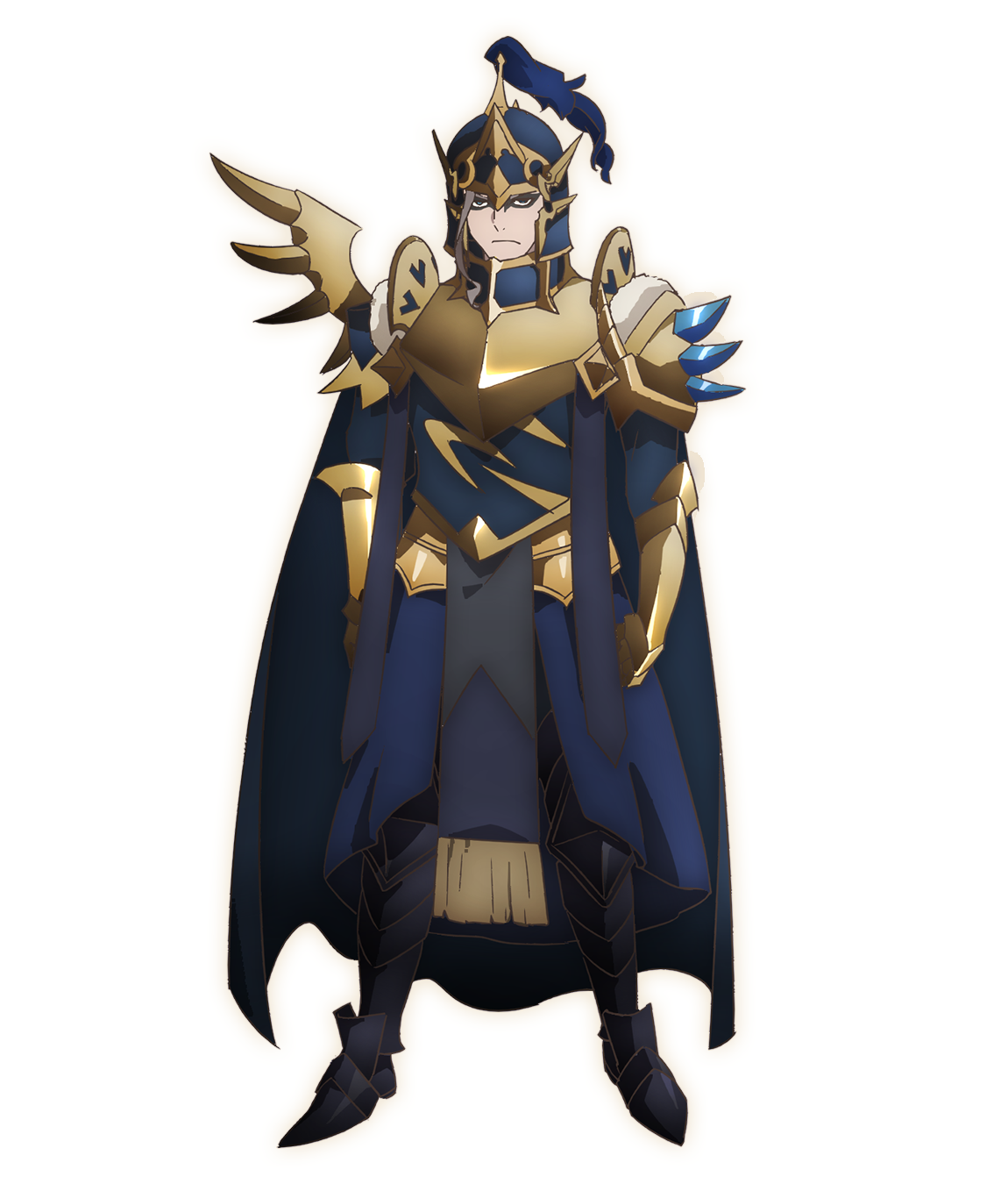 Eine Charaktereinstellung von Castor aus der SEVEN KNIGHTS REVOLUTION: Hero Successor TV-Anime.  Castor erscheint als junger Mann mit einem sauren Gesichtsausdruck in goldenem Amor und einem Helm mit Quasten.  Er trägt auch einen dunkelblauen Umhang und seine Augen sind von einem dunklen Eyeliner umrandet.