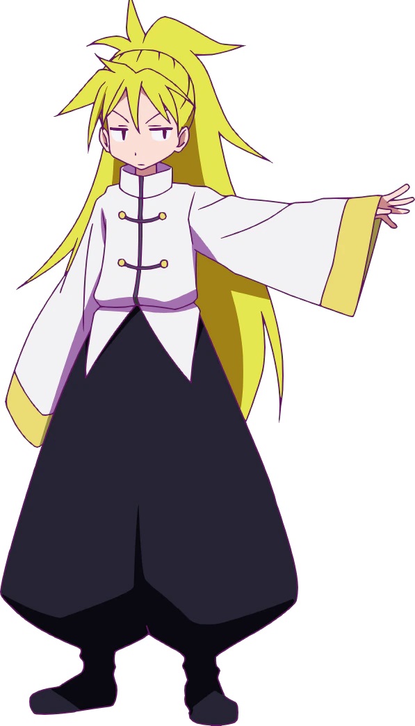 A character setting of Rin from the upcoming Heion Sedai no Itaden-tachi TV anime. Rin is slight-framed young person with long blonde hair in a ponytail, and they dress in a martial arts uniform with baggy pants.