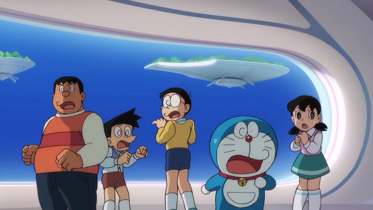 Nobita, Doraemon, and the rest of the gang are surprised to encounter the strange inhabitants of the floating civilization of Paradapia in a scene from the upcoming Doraemon: Nobita's Sky Utopia theatrical anime film.