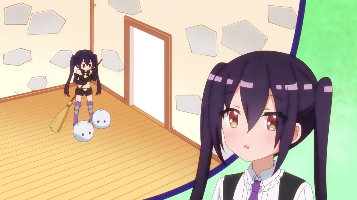 Rakira imagines shoo-ing annoying monsters out of a home with a broom in a scene from the upcoming RPG Real Estate TV anime.