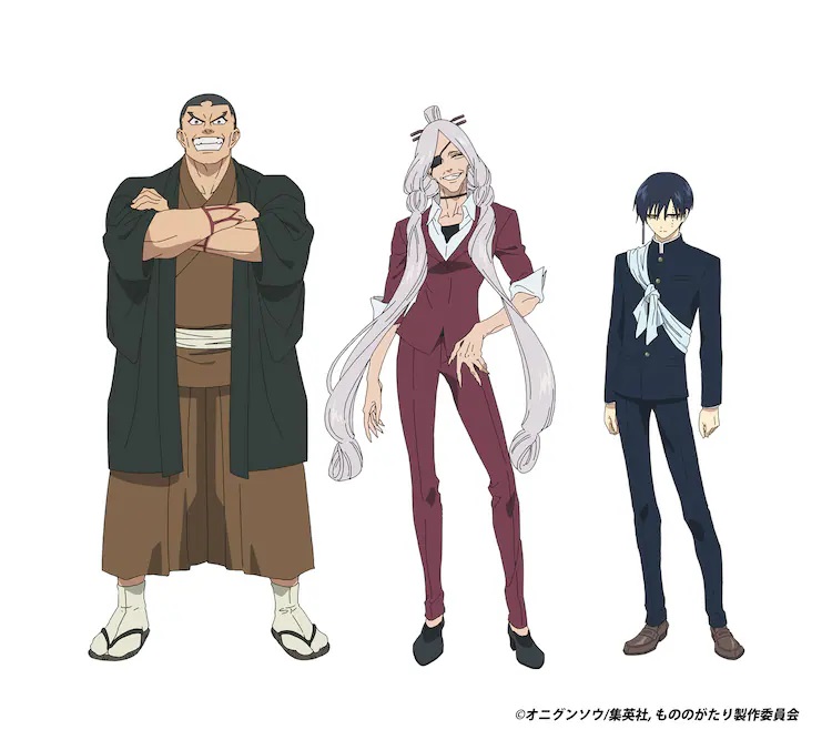Character settings of Tsuzumi, Tsumabiki, and Fukie from the upcoming second season of the Malevolent Spirits: Mononogatari TV anime.