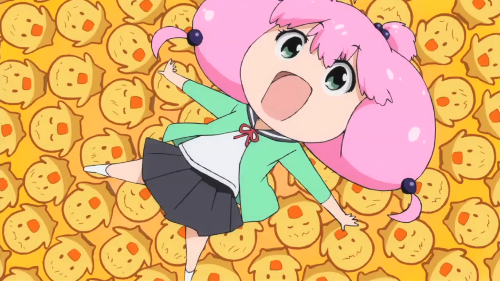 A class of kindergarten children enthusiastically toss the pink-haired Kanae Shinjo into the air in celebration in a scene from Season 2 of the Teekyu TV anime.