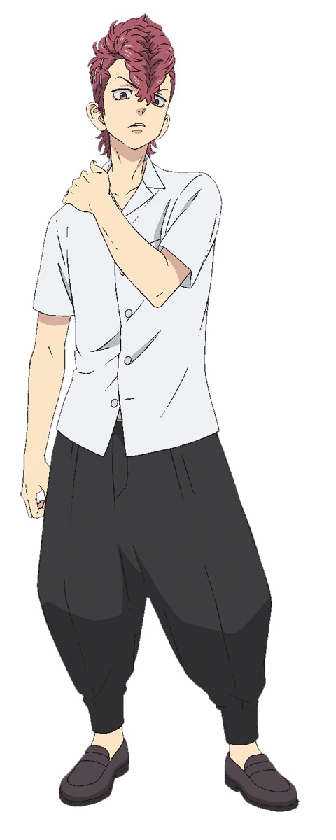 A character setting of Atsushi Sendo, a delinquent with a prominent pompadour haircut from the upcoming Tokyo Revengers TV anime.