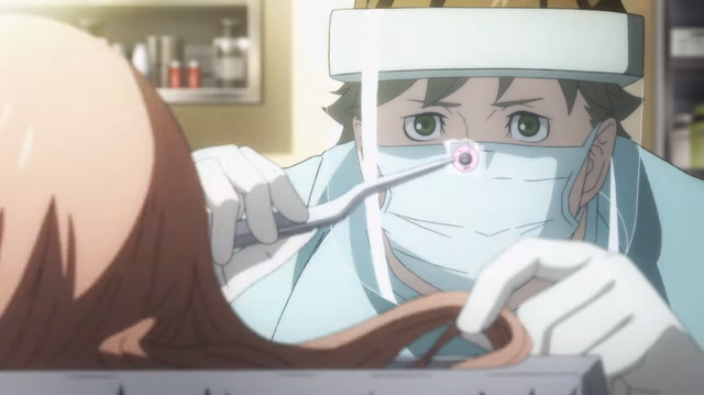 During an autopsy, Doctor John H. Watson examines a strange chip discovered on the body of a Ripper victim in the Kabukicho Sherlock TV anime.