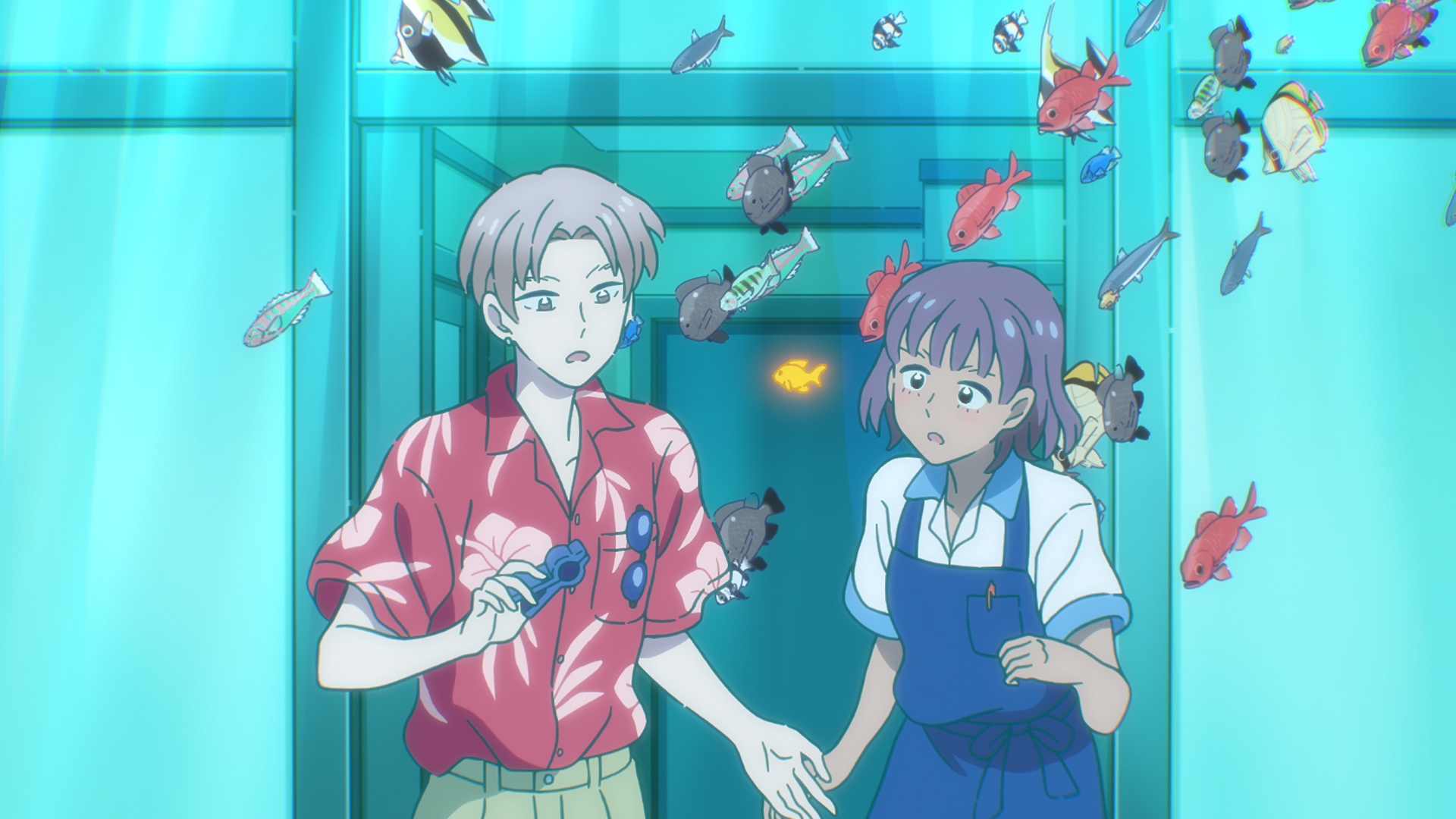 Ichiro Suzuki and Maise Higa are confounded by fish swimming in mid-air in the entryway of Maise's family hotel in a scene from the Deiji Meets Girl TV anime.