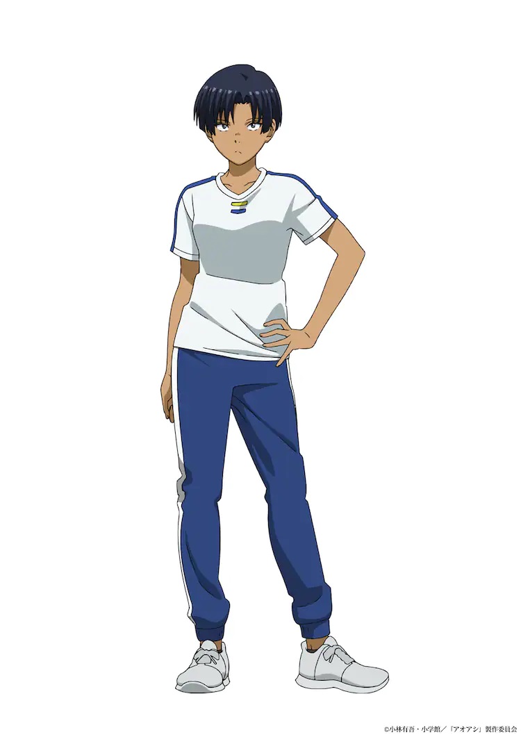 A character setting of Miyako Tachibana from the ongoing Aoashi TV anime. Miyako is a thin young woman with black hair, dark eyes, and tanned skin. She wears casual clothes: a T-shirt, sweat pants, and sneakers.