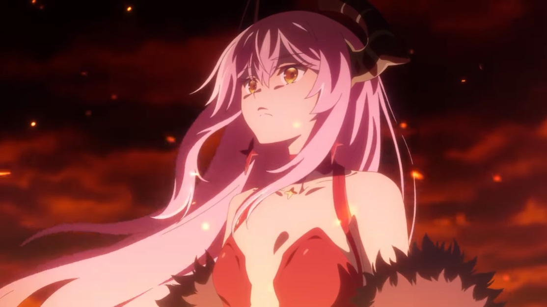 Mit einem Ausdruck von Trauer und Entschlossenheit blickt Demon Lord Echidna in einer Szene aus dem TV-Anime „I’m Quitting Heroing“ auf die brennenden Trümmer ihres ehemaligen Königreichs.