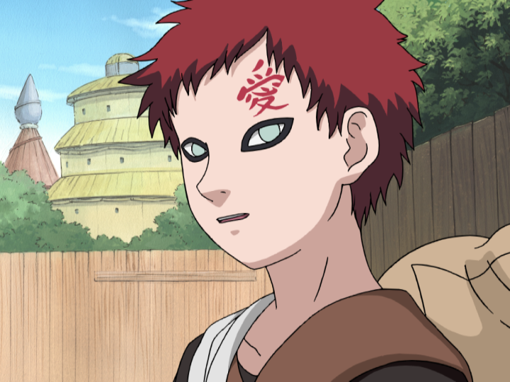 Gaara of the Village Hidden in the Sand is standoffish when meeting Naruto Uzumaki and his friends prior to the Chunin Exams in a scene from the Naruto TV anime.