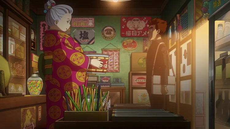 Beniko, der Besitzer des Süßwarenladens Zenitendo, bietet einem Kunden in einer Szene aus dem TV-Anime Fushigi Dagashiya Zenitendo die Süßigkeit seiner Träume an.