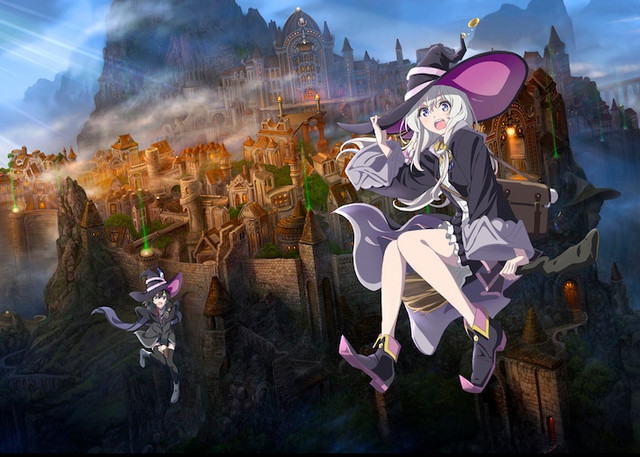 A teaser image for the upcoming Majo no Tabitabi TV anime, aka The Journye of Elaina, featuring the witch Elaina and her friend riding brooms in from of a gothic walled city.