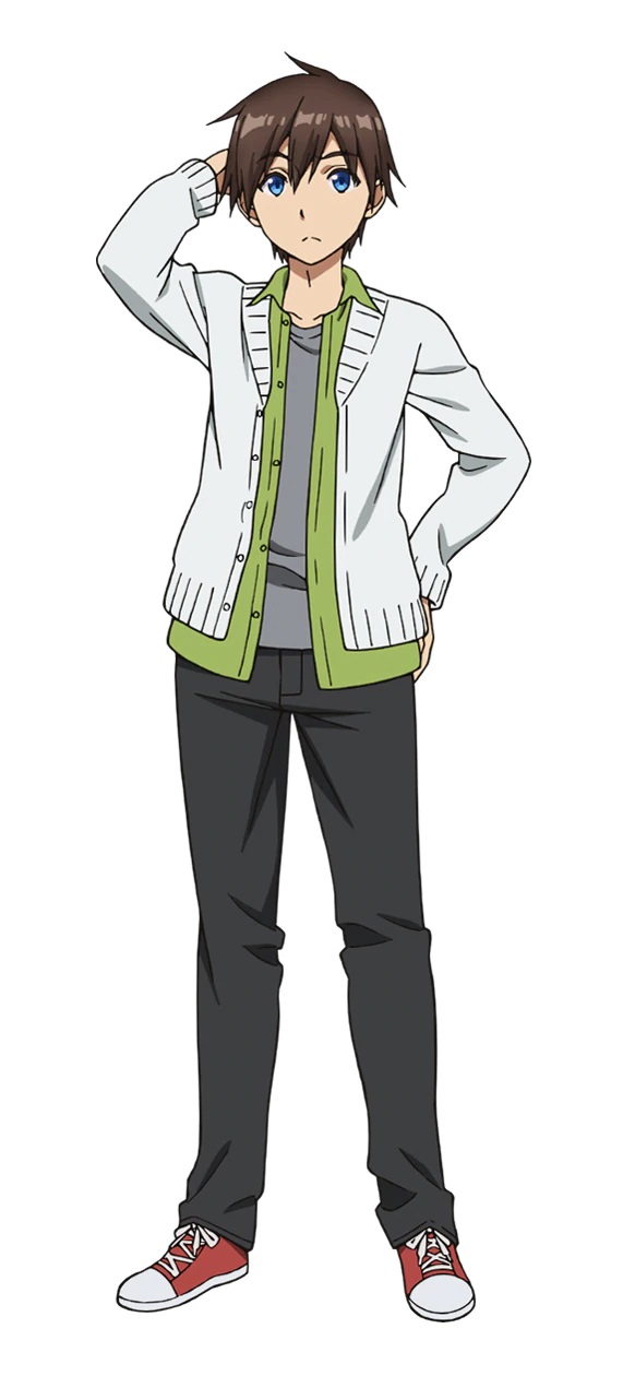 A character setting of Kyouya Hashiba, a young man with brown hair and blue eyes dressed in casual clothing from the upcoming Bokutachi no Remake TV anime.