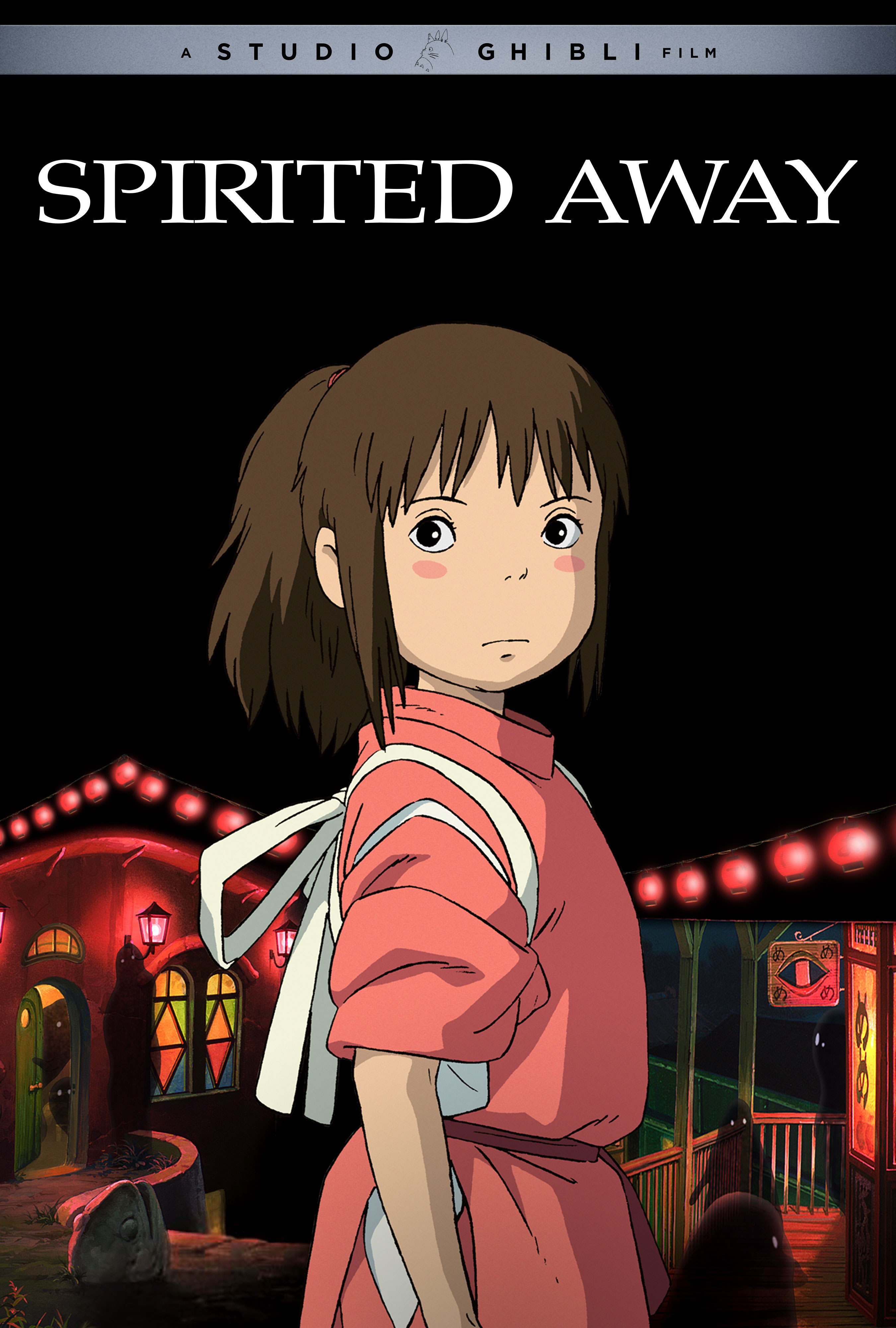 The theatrical poster for the GKIDS release of the 2001 theatrical anime film, Spirited Away, featuring the main character, a young girl known as Sen, dressed as a bath house attendant posing in front of a spooky spirit district.