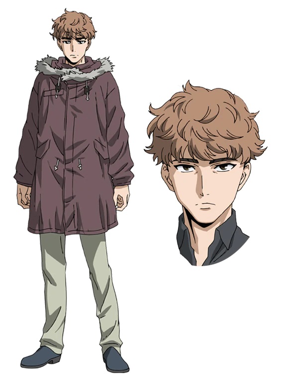 A character setting of Mamoru Aikawa, a young man with light brown hair and a parka jacket, from the upcoming High-Rise Invasion Netflix Original Anime.