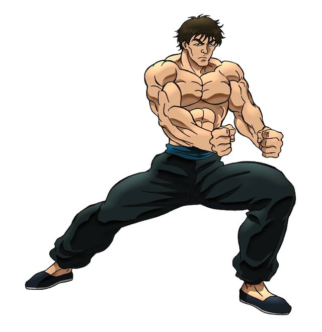 A character visual of Sea Kin Chin, a shirtless martial artist posing with a wide "horse stance", from the upcoming Baki anime.