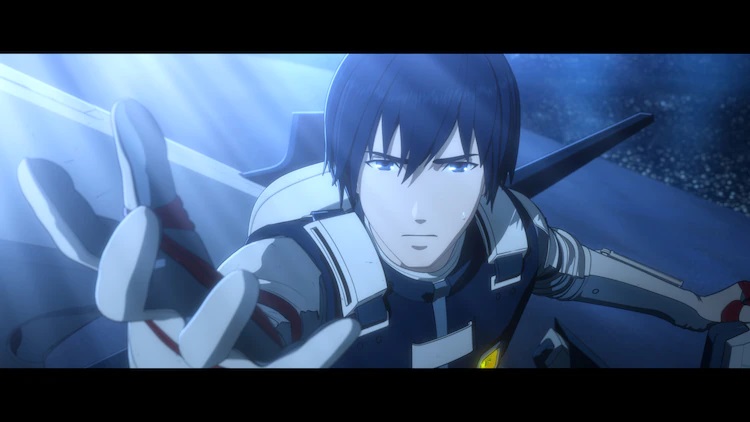 Protagonist Nagate Tanizaki stretches forth his hand with a determined expression on his face in a scene from the upcoming Knights of Sidonia: Ai Tsumugu Hoshi theatrical anime film.