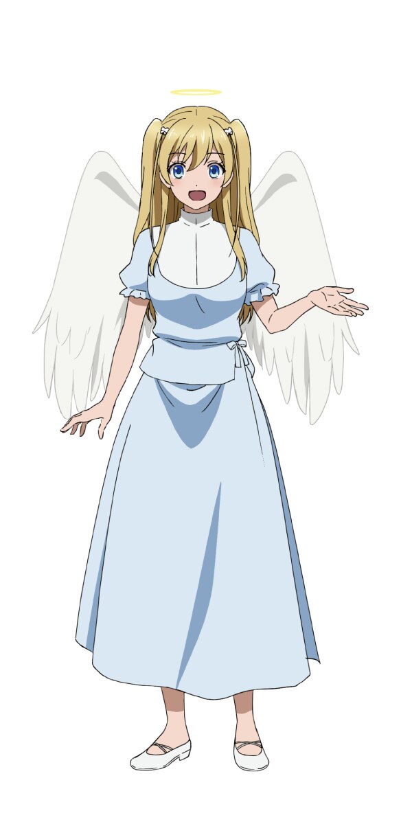 A character setting of Atra from the upcoming Peach Boy Riverside TV anime. Atra appears as an angel with blonde hair, blue eyes, feathery white wings, and a halo. She wears a simple blue dress shaped something like a nun's habit and white shoes.