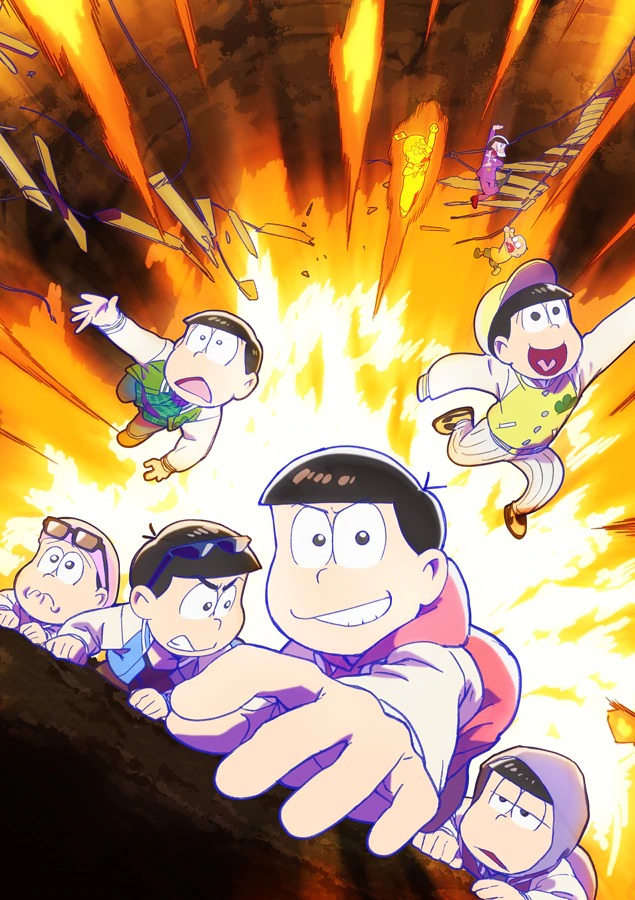 A key visual for the third season of the Mr. Osomatsu TV, featuring the six Matsuno siblings clinging to the side of a cliff and attempting not to fall into an active volcano.