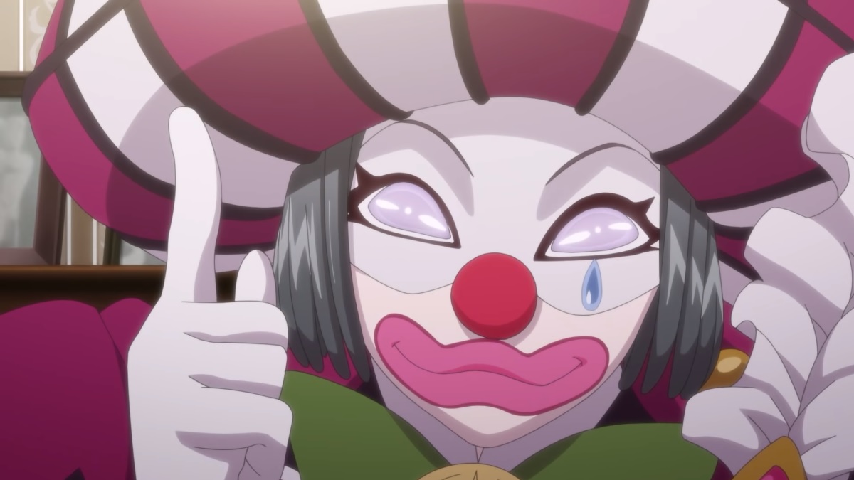 The mysterious masked clown White Face poses a challenge to Queen and their friends in a scene from the upcoming Phantam Queen wa Circus ga Osuki theatrical anime film.