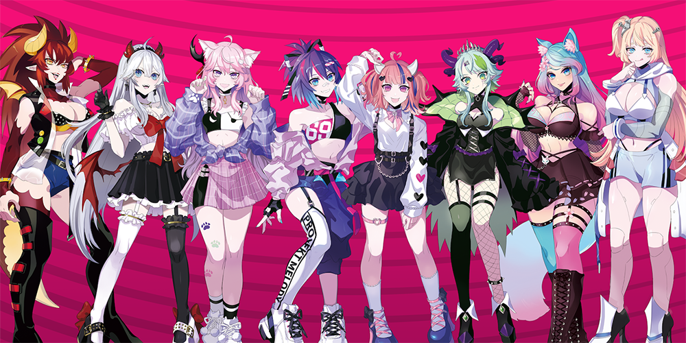 VShojos Lineup von links nach rechts: Zentreya, Veibae, Nyatasha Nyanners, Projekt Melody, Ironmouse, Apricot, Silvervale, Hime Hajime