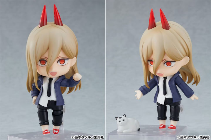 Ein Werbebild des kommenden Nendoroid Power-Spielzeugs von Good Smile Company mit einem Bild von Power von Chainsaw Man, das ihre Faust hebt und grinst, und einem Bild von Power von Chainsaw Man, das auf ihre Haustierkatze Meowy zeigt.