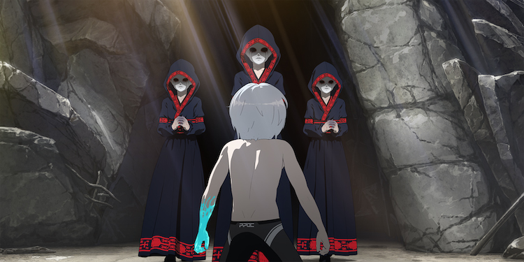 The Boy is confronted by a trio of sinister kaiju cultists in a scene from the upcoming second season of the Pacific Rim: The Black Netflix original anime.