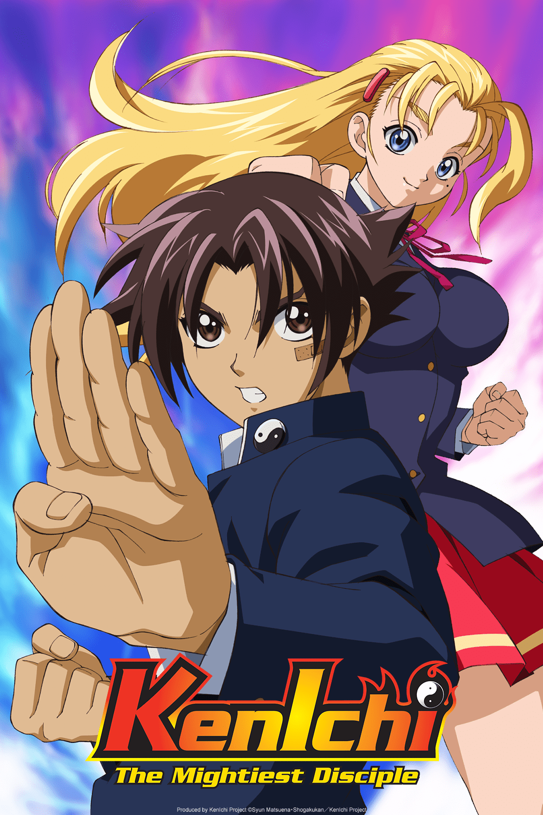 Una imagen promocional para el anime de televisión Kenichi: The Mightiest Disciple, con el personaje principal Kenichi Shirahama y Miu Furinji en poses de artes marciales.