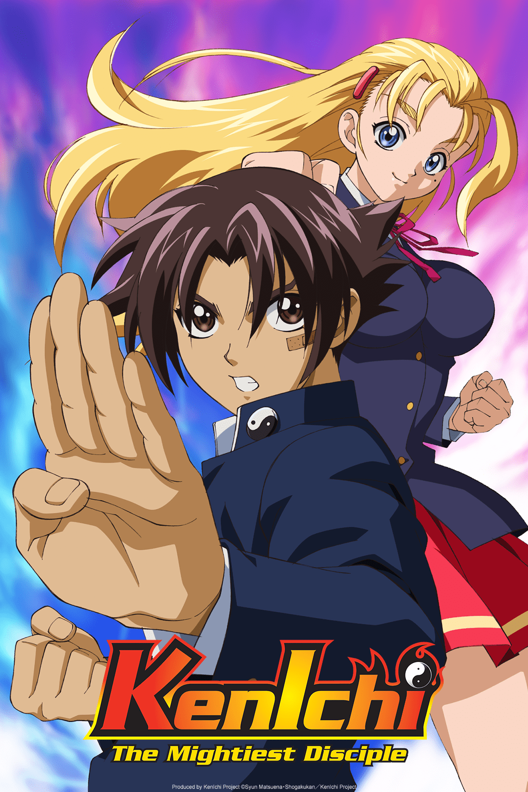 A promotional image for the Kenichi: The Mightiest Disciple TV anime, featuring the main character Kenichi Shirahama and Miu Furinji striking martial arts poses.