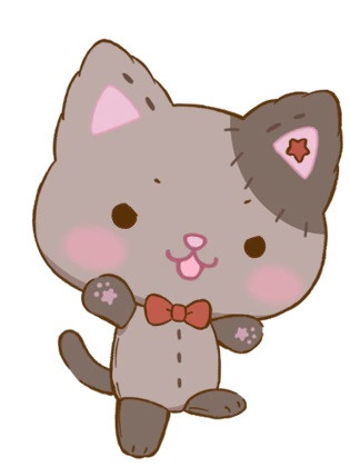 A character visual of Hagi, a gray-colored living kitty stuffed animal with a red bow tie and a dark patch over his left ear from the upcoming Mewkle Dreamy TV anime.