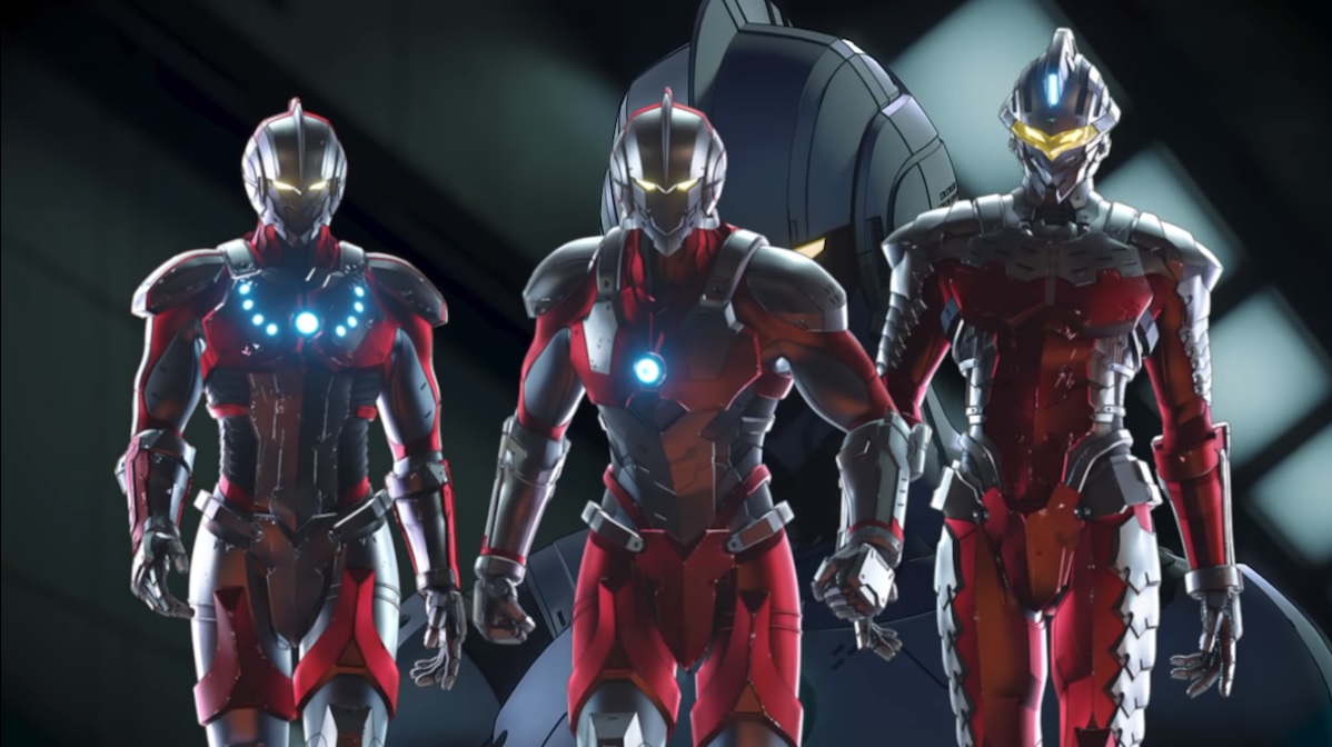 Three of the Ultra heroes stride forward confidently in a scene from the opening animation sequence for the upcoming ULTRAMAN Season 2 Netflix original anime.