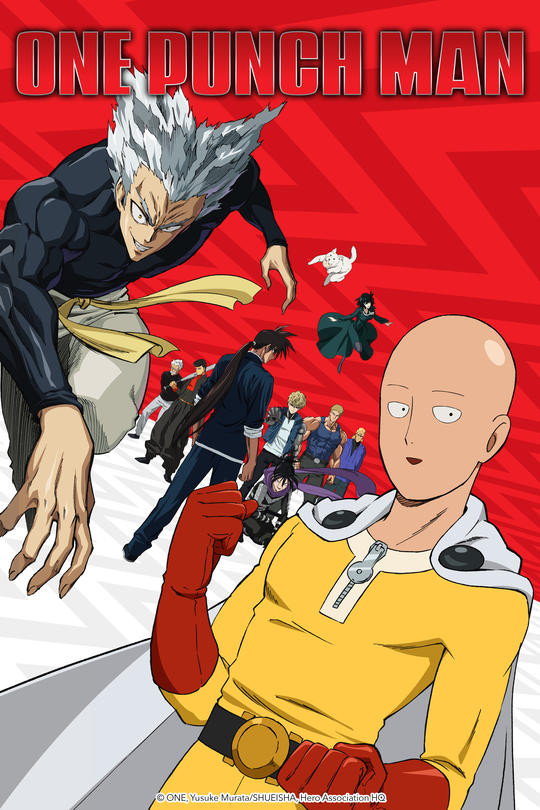 The key visual for One-Punch Man season 2, featuring "hero for fun" Saitama and "hero hunter" Garou front and center.