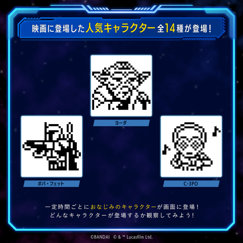 A promotional image for Bandai's Star Wars R2-D2 Tamagotchi digital pet toy, featuring other characters that can appear such as Yoda, C-3PO, and Boba Fett.