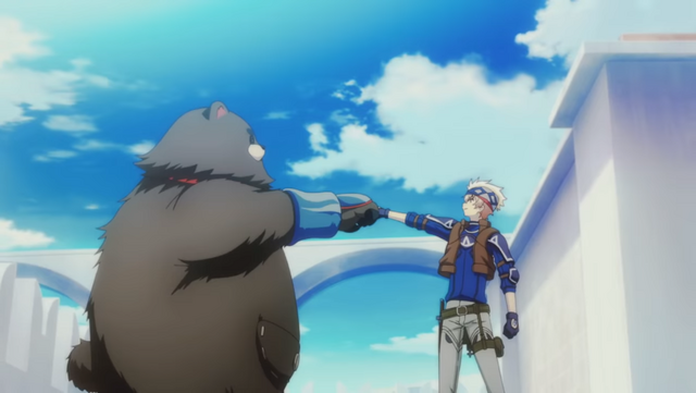 Shu Starling and Ray Starling share a brotherly fist-bump inside the virtual world in a scene from the upcoming Infinite Dendrogram TV anime.