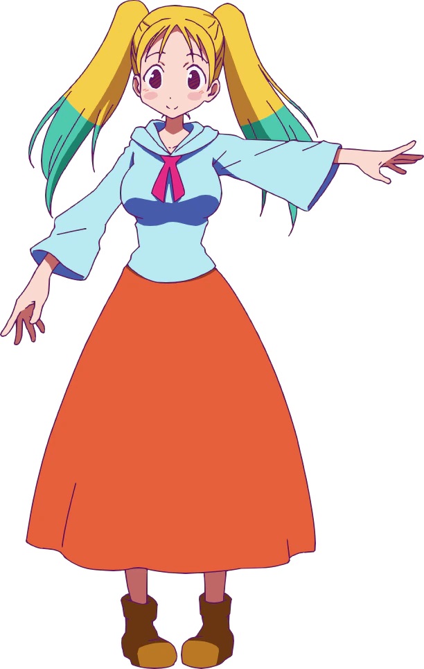 A character setting of Paula from the upcoming Heion Sedai no Itaden-tachi TV anime. Paula is a buxom young lady with blonde hair (with green tips) arranged in twin tails, and she wears a blous and dress with a long skirt.