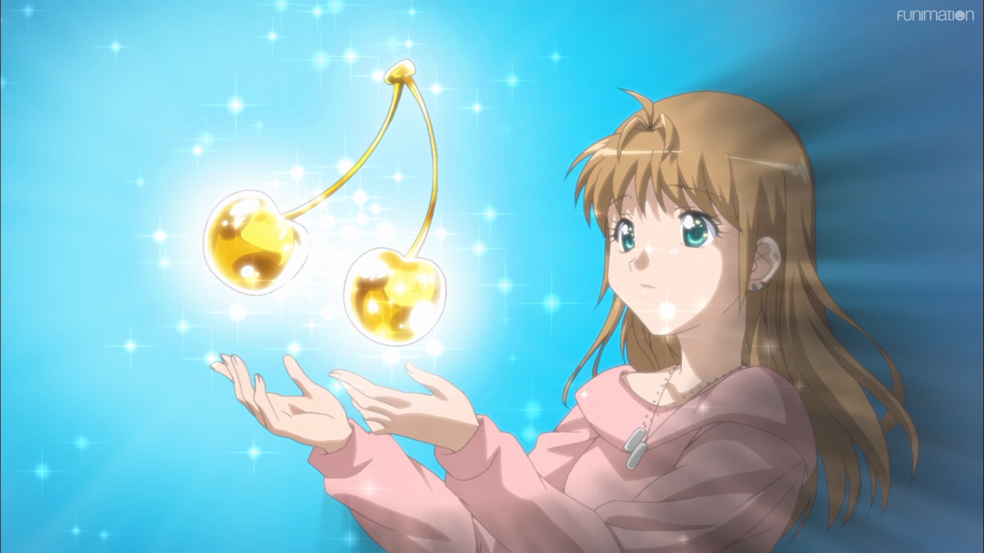 The titular Yamada images a pair of golden cherries representing her ideal sexual conquest in a scene from the Yamada's First Time: B Gata H Kei TV anime.