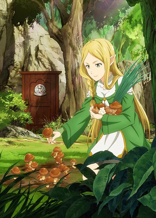 Fardania, a wood elf, gathers mushrooms and herbs in a wooded glade near a doorway leading to the Nekoya restaurant in a new key visual for the upcoming second season of the Restaurant to Another World TV anime.