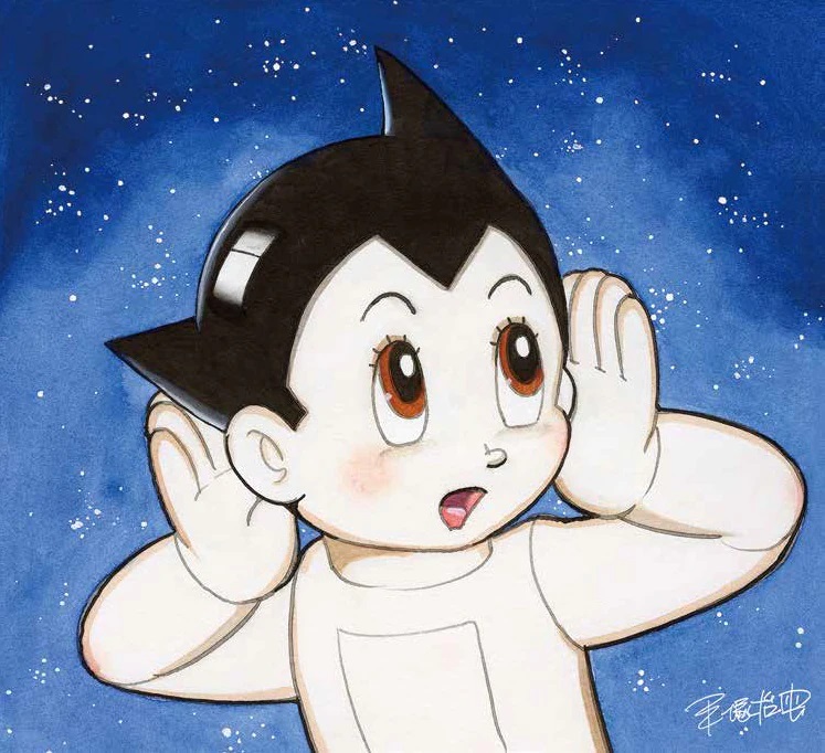 An art print of Astro Boy demonstrating his superhuman hearing abilities by manga author Osamu Tezuka.