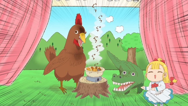 Najimu Mujina, a 5 year old girl who is also the CEO of a major company, reveals their latest product - an electric hot pot dish that appeals to giant roosters and alligators - in a scene from the upcoming Cute Executive Officer R web anime.