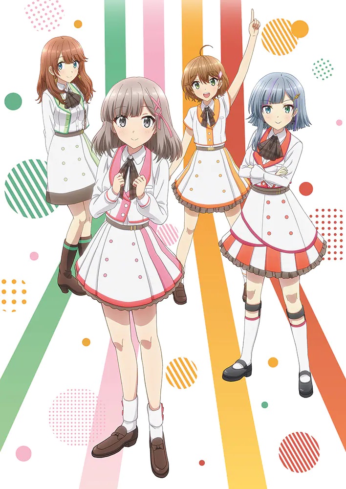 A new key visual for the upcoming CUE! TV anime featuring Miharu Yomine, Haruna Mutsuishi, Yuuki Tendo, and Rie Maruyama - the "leaders" of their respective voice acting teams - dressing in idol outfits as the "Forever Friends" voice acting unit.