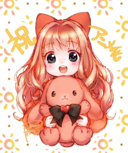 EIN "Jahr des Kaninchens"-thematische feierliche Illustration des Light Novel-Illustrators Kirouran für den kommenden Fluffy Paradise TV-Anime mit der Hauptfigur in einem hellorangen Pyjama, die ihr Stoffkaninchen hochhält. 