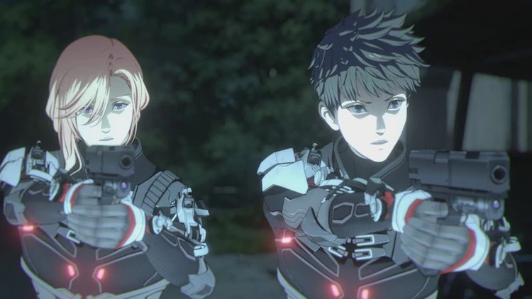 Brothers Takuya and Yuuya Kuroki hunt renegade psychics while brandishing pistols and wearing advanced body armor in a scene from the upcoming NIGHT HEAD 2041 TV anime.