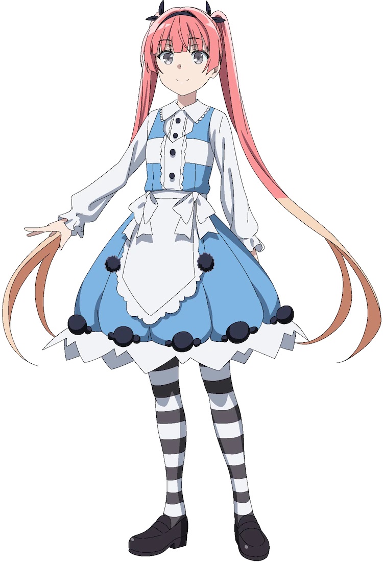 A character setting of Alicia from the upcoming The Detective is Already Dead TV anime. Alicia appears as a slim teenage girl with pink hair in twin tails and gray eyes. She is dressed in a white and blue dress with ribbons and an apron reminiscent of the dress of title character of Alice in Wonderland, and she also wears black and white striped stockings and black dress shoes.