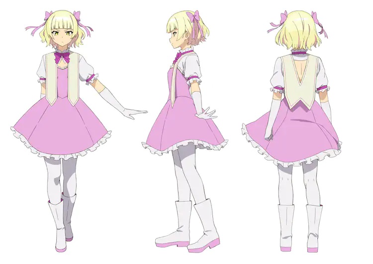 A character setting of Magical Girl from the upcoming The Great Jahy Will Not Be Defeated! TV anime. Magical Girl is a slender young woman with blonde hair and yellow eyes. She sports an angry expression and is dressed in a frilly pink and white dres with a light yellow capelet. 