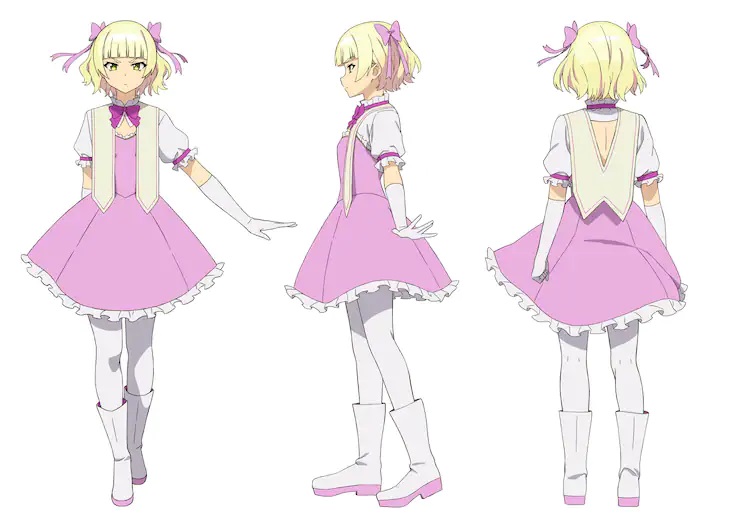 Eine Charaktereinstellung von Magical Girl aus dem kommenden The Great Jahy Will Not Be Defeated!  TV-Anime.  Magical Girl ist eine schlanke junge Frau mit blonden Haaren und gelben Augen.  Sie trägt einen wütenden Ausdruck und trägt ein rosa-weißes Rüschenkleid mit einem hellgelben Cape. 