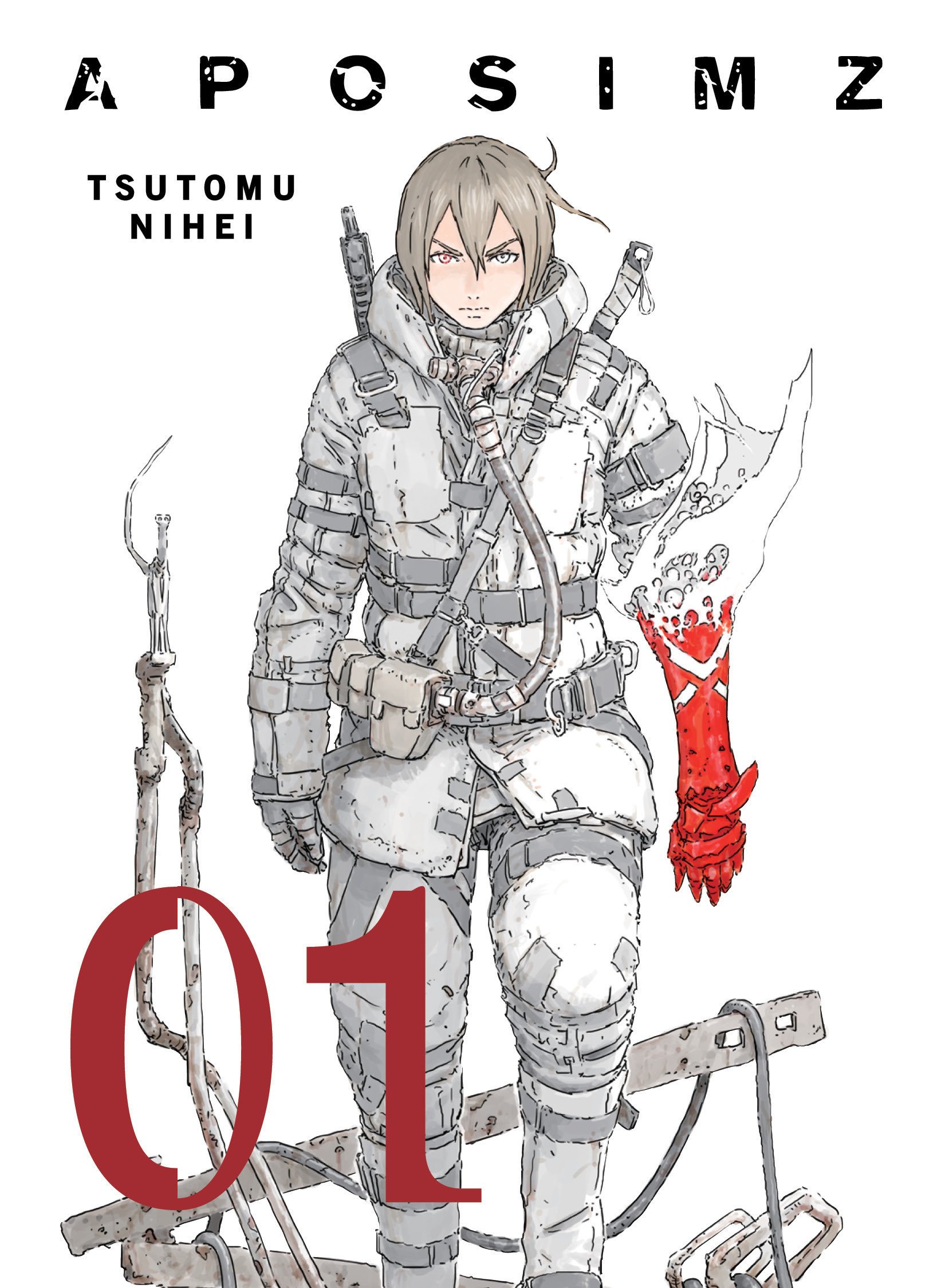 Das Cover von Verticals englischsprachiger Version von APOSIMZ, einem Science-Fiction-Manga von Tsutomu Nihei.  Das Cover zeigt das Artwork des Hauptcharakters Etherow, der mit entschlossenem Gesichtsausdruck vorwärts schreitet, während er in taktischer Umweltausrüstung gekleidet ist und Waffen und Werkzeuge an seinem Rücken und Gürtel trägt.